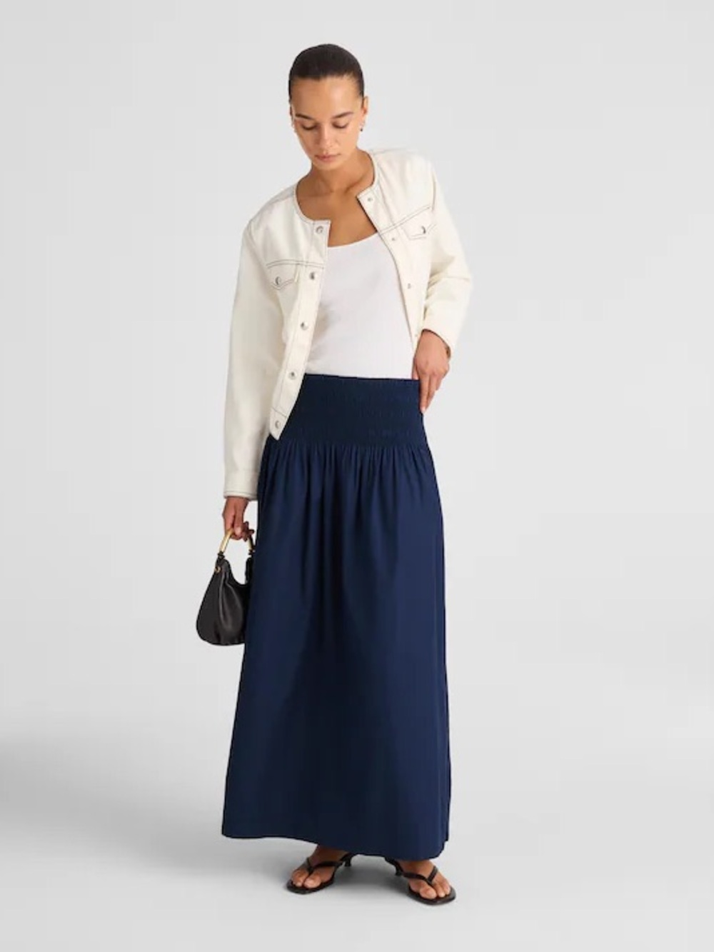 Madewell Smocked-Waist Midi Skirt in Poplin